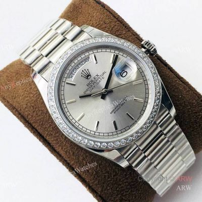 Rolex Day Date President Replica Watch Ss Silver Dial Diamond Bezel 36mm